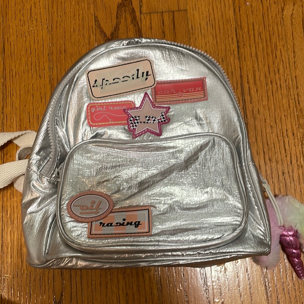 ZARA kids silver race car bag | children’s silver backpack with charm + stickers